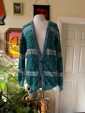Vintage 80’s Puritan Teal Geometric V-Neck Cardigan